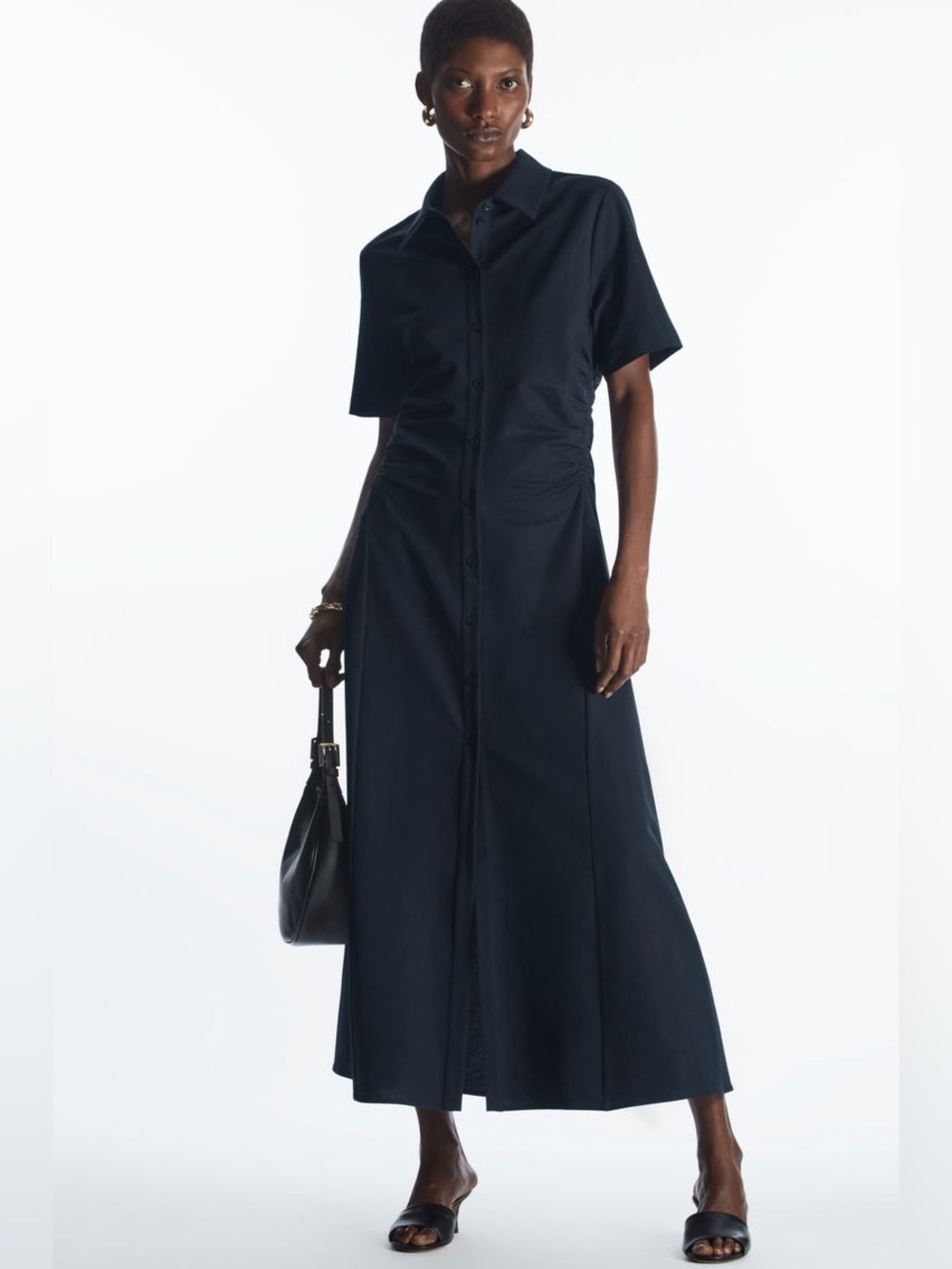 COS Dark Blue Short Sleeve Ruched Button Front Shirt Collared Midi Dress Large